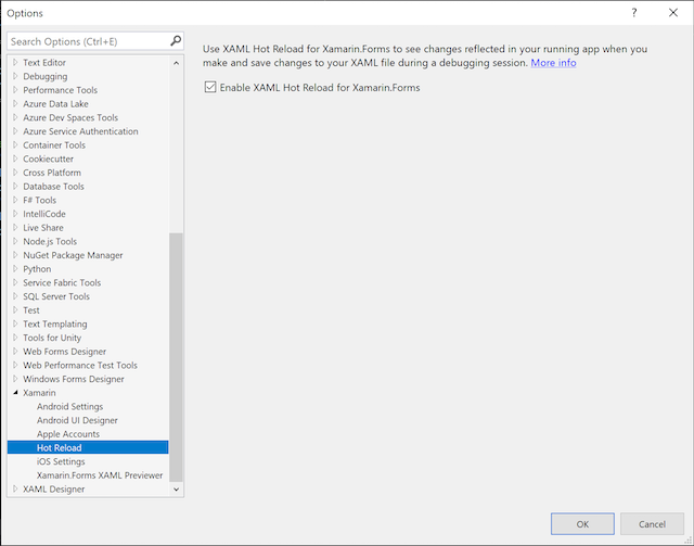 The Options dialog in Visual Studio 2019 for Windows, showing the Hot Reload page