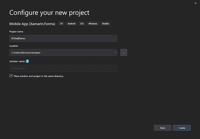 An image showing the Configure New Project dialog in Visual Studio 2019