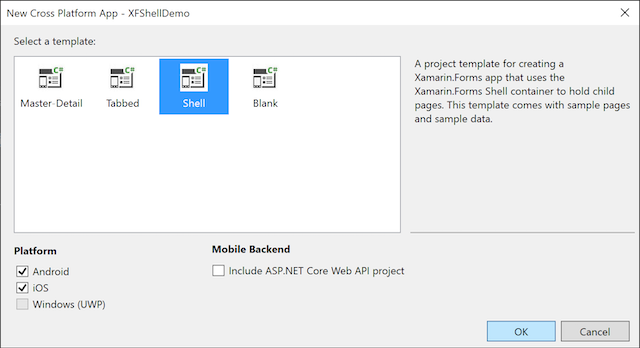 An image showing the Select a Template dialog in Visual Studio 2019, with Shell selected