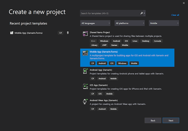 An image showing the Create New Project dialog in Visual Studio 2019, with Mobile App (Xamarin.Forms) selected
